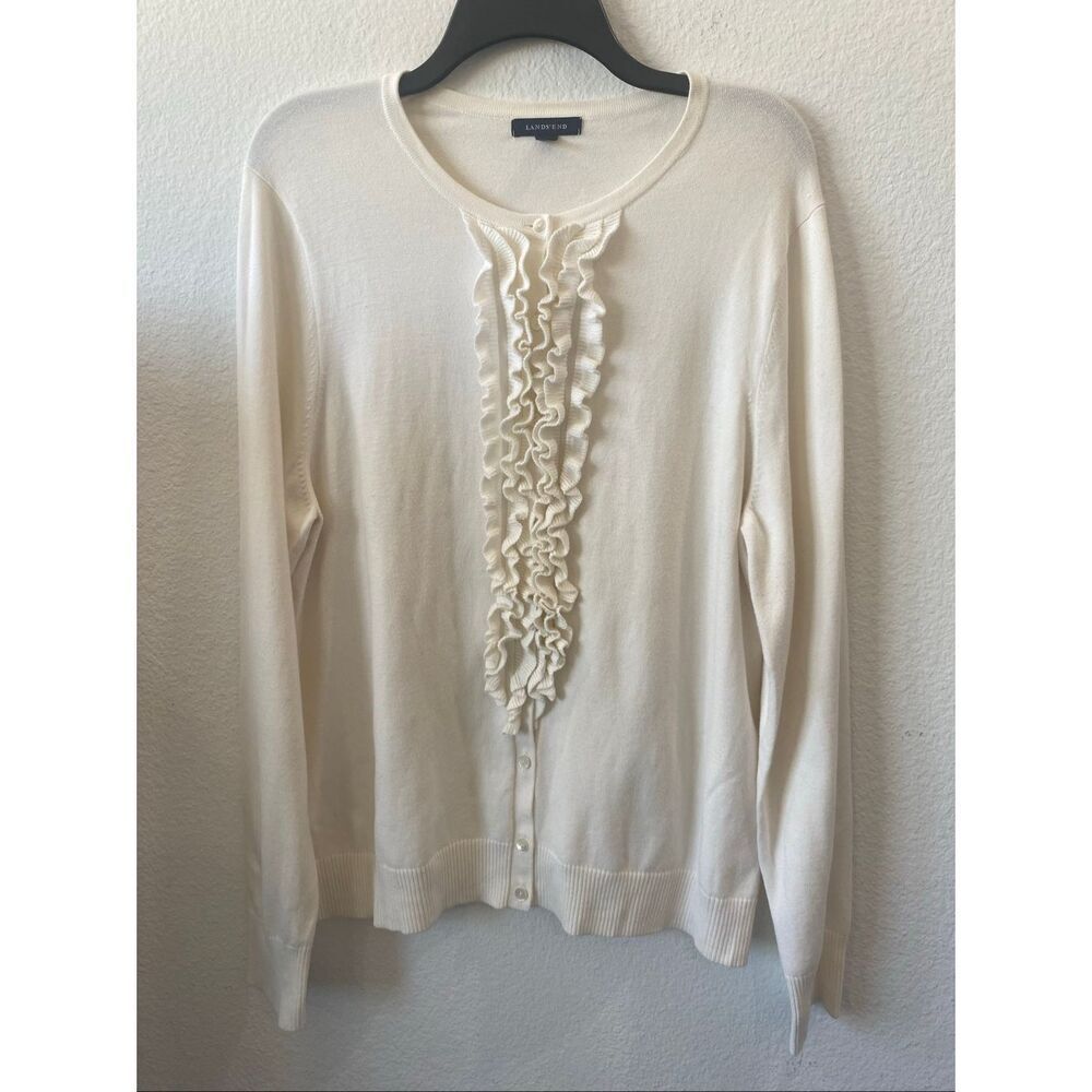 Lands’ End ruffle-front cardigan sweater Size XL